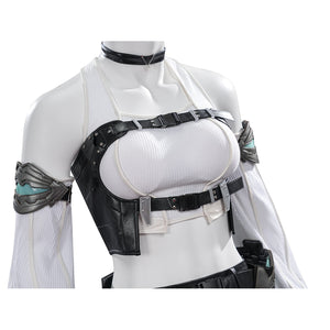 Tifa cosplay costume layers a black faux leather vest over a white ribbed top with detailed metallic arm armor and choker.