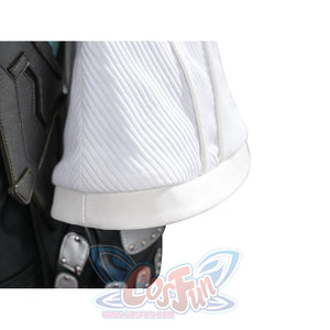 Tifa cosplay costume centers white ribbed knit sleeve paired with black faux leather armor and silver-tone metal accents.