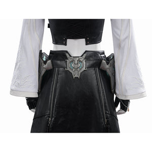 Tifa cosplay costume anchors metallic back waist armor over a black faux leather skirt with long ribbed white sleeves.