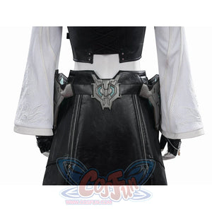 Tifa cosplay costume anchors metallic back waist armor over a black faux leather skirt with long ribbed white sleeves.