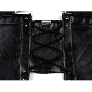 Tifa cosplay costume traces the midsection with faux leather waist armor pairing crisscross cord lacing and metal studs.