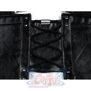 Tifa cosplay costume traces the midsection with faux leather waist armor pairing crisscross cord lacing and metal studs.