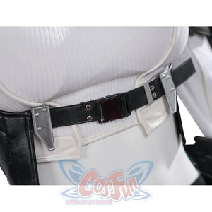 Tifa cosplay costume anchors a black faux leather waist belt with metallic silver-tone accents over a textured white bodice.