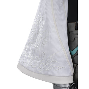 Tifa cosplay costume layers white ribbed fabric with intricate embroidery over dark faux leather armor plate details.