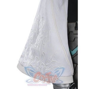 Tifa cosplay costume layers white ribbed fabric with intricate embroidery over dark faux leather armor plate details.
