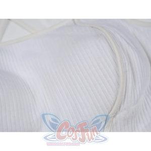 Tifa cosplay costume traces the soft texture of the white ribbed knit top through smooth faux leather edge bindings.
