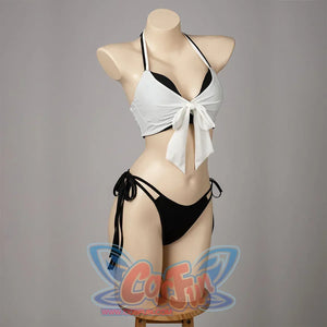 Final Fantasy VII Tifa Lockhart cosplay swimsuit angles the white wrap top over black bikini bottom ties.