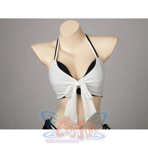 Final Fantasy VII Tifa Lockhart cosplay swimsuit frames the knotted white wrap top over black cups.
