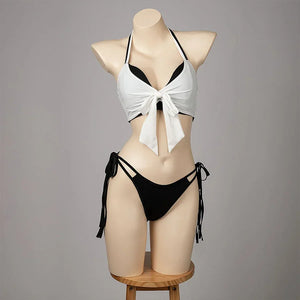 COSFUN Final Fantasy VII Tifa Lockhart cosplay swimsuit centers a white tied bikini top above black side-tie bottoms.
