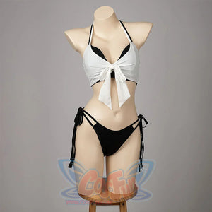 COSFUN Final Fantasy VII Tifa Lockhart cosplay swimsuit centers a white tied bikini top above black side-tie bottoms.