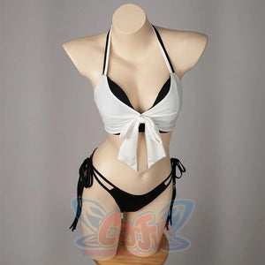 Final Fantasy VII Tifa Lockhart cosplay swimsuit centers the wrap top and side ties in a waist-up swimsuit view.