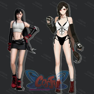 Final Fantasy VII Tifa Lockhart cosplay swimsuit compares the white bikini design beside Tifa Lockhart character art.