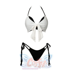Final Fantasy VII Tifa Lockhart cosplay swimsuit lays the white wrap top and black bottom in a product layout.