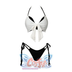 Final Fantasy VII Tifa Lockhart cosplay swimsuit lays the white wrap top and black bottom in a product layout.