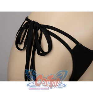 Final Fantasy VII Tifa Lockhart cosplay swimsuit frames layered black hip strings beside the bikini bottom.