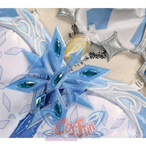 Tsaritsa cosplay costume chest ornament angled view with blue gem-like pieces above white embroidered trim.
