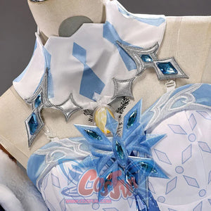Tsaritsa cosplay costume neckline detail with silver-tone collar trim and a blue chest ornament.