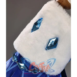 Tsaritsa cosplay costume sleeve detail with white plush trim and blue gem-like diamond ornaments.
