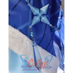 Tsaritsa cosplay costume sleeve pendant detail with a pale blue four-point ornament and faceted drop.