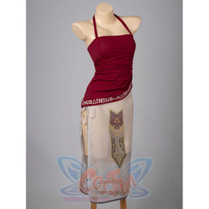 Twilight Princess Zelda cosplay tankini angled view frames the burgundy top and crest-panel skirt.