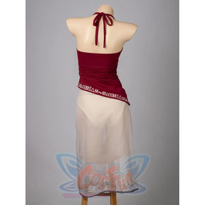 Twilight Princess Zelda cosplay tankini back view ties the burgundy halter above an ivory sheer skirt.