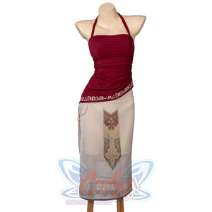 COSFUN Twilight Princess Zelda cosplay tankini pairs a burgundy halter top with an ivory sheer skirt.