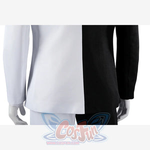 Harvey Dent Two-Face cosplay back jacket detail aligns split hem panels above the black-and-white pants.
