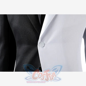 Harvey Dent Two-Face cosplay blazer detail centers a white button between black and white lapels.