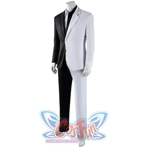 Harvey Dent Two-Face cosplay costume angled view frames black lapel lines beside the white blazer half.