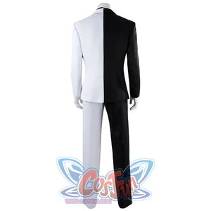 Harvey Dent Two-Face cosplay costume back view mirrors the split jacket from shoulders to straight pants.