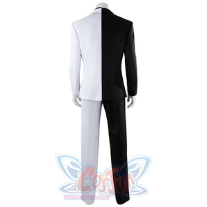 Harvey Dent Two-Face cosplay costume back view mirrors the split jacket from shoulders to straight pants.
