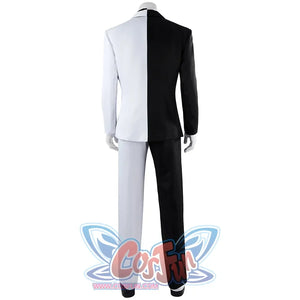 Harvey Dent Two-Face cosplay costume back view divides white and black jacket panels above split pants.
