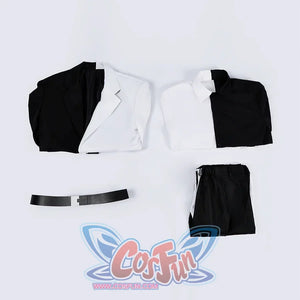 Harvey Dent Two-Face cosplay costume flat lay presents the split jacket over shirt pieces beside belt and pants.