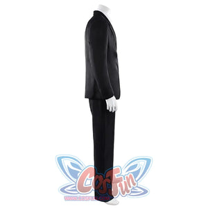 Harvey Dent Two-Face cosplay costume side profile follows the black jacket sleeve over matching pants.