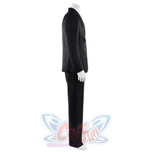 Harvey Dent Two-Face cosplay costume side profile follows the black jacket sleeve over matching pants.