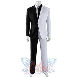 Harvey Dent Two-Face cosplay costume front view sets white lapel tailoring against a black suit half.