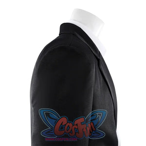 Harvey Dent Two-Face cosplay jacket shoulder detail curves a black sleeve into the split lapel line.