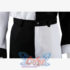 Harvey Dent Two-Face cosplay pants waist detail anchors black belt hardware above divided trouser panels.
