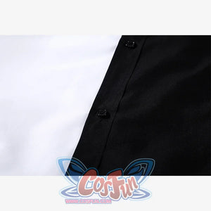 Harvey Dent Two-Face cosplay shirt button detail follows the diagonal divide between white and black fabric.