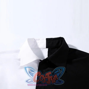 Harvey Dent Two-Face cosplay shirt collar detail frames the vertical split between white and black panels.