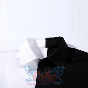 Harvey Dent Two-Face cosplay shirt collar detail frames the vertical split between white and black panels.