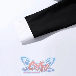 Harvey Dent Two-Face cosplay shirt cuff detail sets a black sleeve panel against a crisp white cuff.
