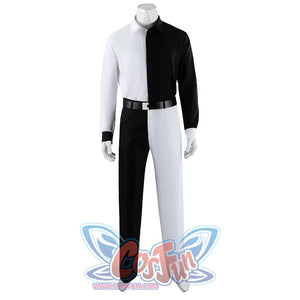 Harvey Dent Two-Face cosplay shirt and pants front view sets a black belt across the split design.