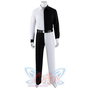 Harvey Dent Two-Face cosplay shirt and pants front view sets a black belt across the split design.