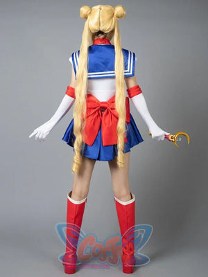 Usagi Tsukino cosplay costume angled pose frames the red bow above blue skirt movement
