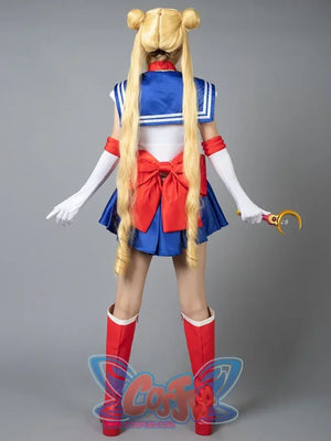 Usagi Tsukino cosplay costume angled pose frames the red bow above blue skirt movement
