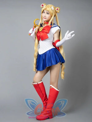 Usagi Tsukino cosplay costume back view layers a red waist bow over the blue pleated skirt