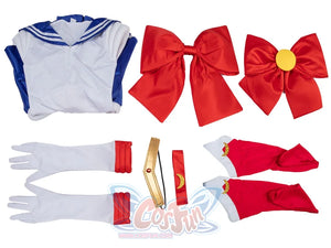 Usagi Tsukino cosplay costume flat lay arranges the blue dress beside red bows and leg covers