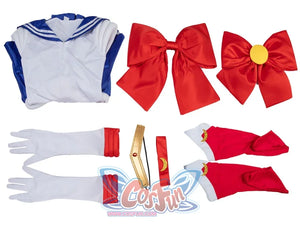 Usagi Tsukino cosplay costume flat lay arranges the blue dress beside red bows and leg covers