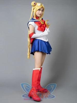 Usagi Tsukino cosplay costume front pose anchors the red chest bow above crisp blue pleats